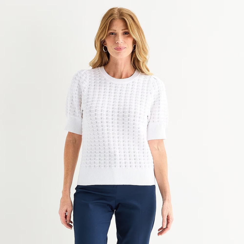 NWT Liz Claiborne Womens M Petite White Short Sleeve Pullover Sweater Crew Neck